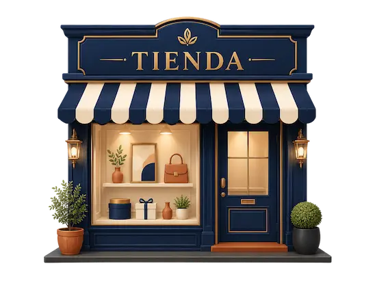 Ilustración de una tienda boutique con el cartel 'TIENDA' — productos digitales de Ariel Díaz